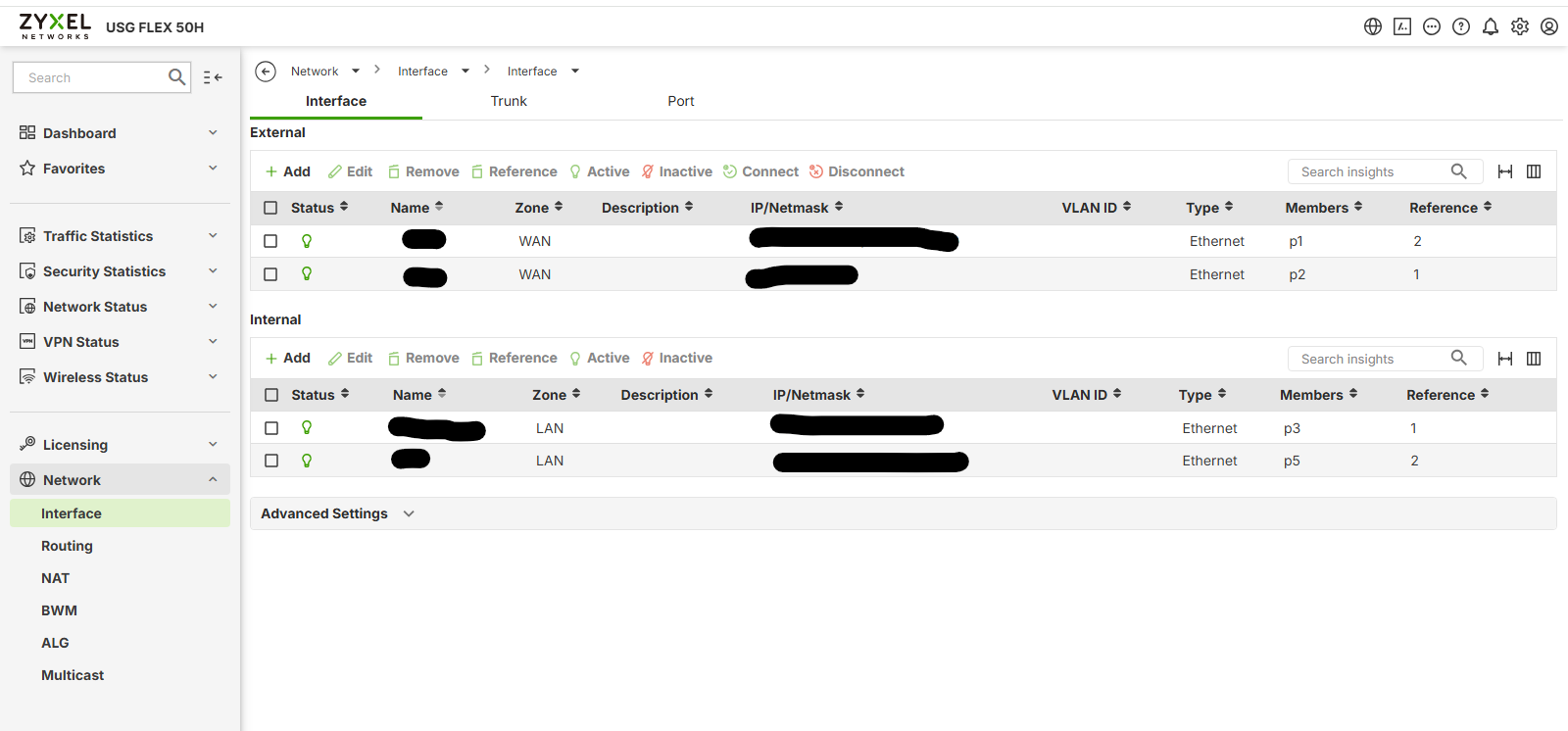 Page Network > Interface — interfaces External (WAN) et Internal (LAN)