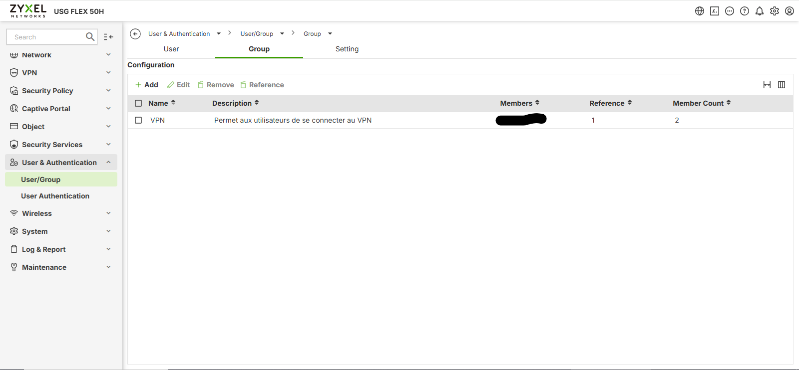 Page User/Group > Group — Groupe VPN avec 2 membres