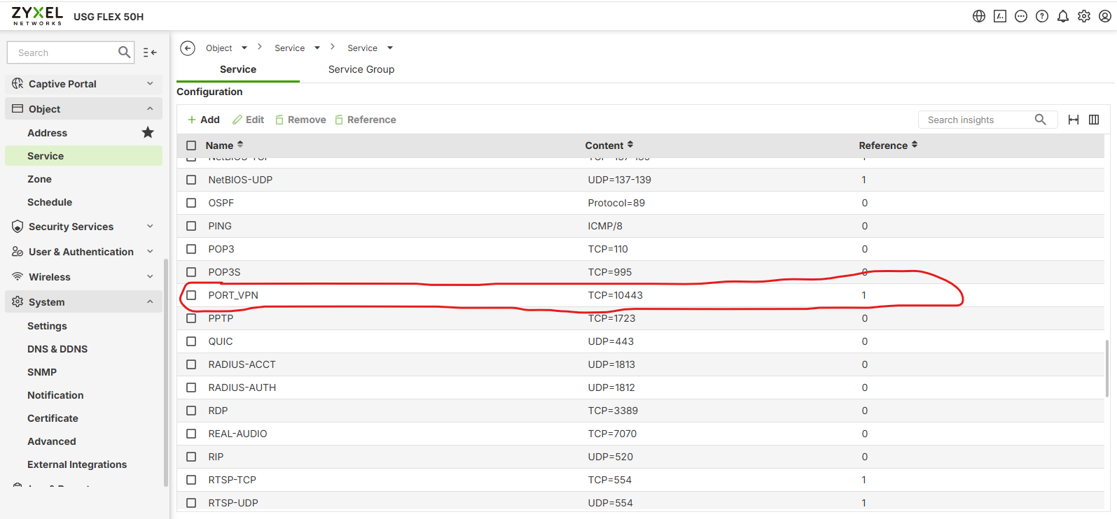 Liste des objets Service avec PORT_VPN (TCP=10443)