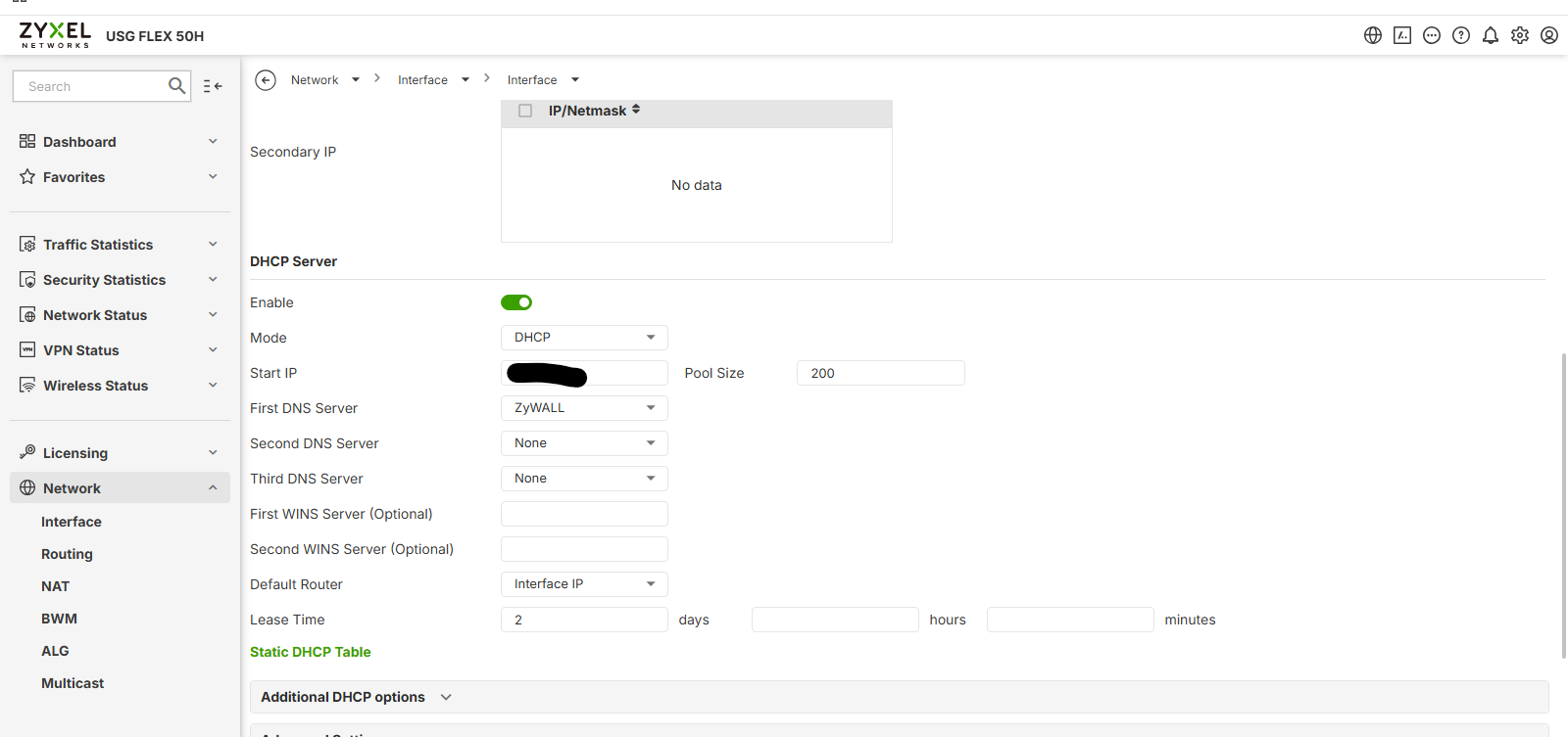 Section DHCP Server de l'interface LAN — Mode DHCP, Pool 200, DNS ZyWALL