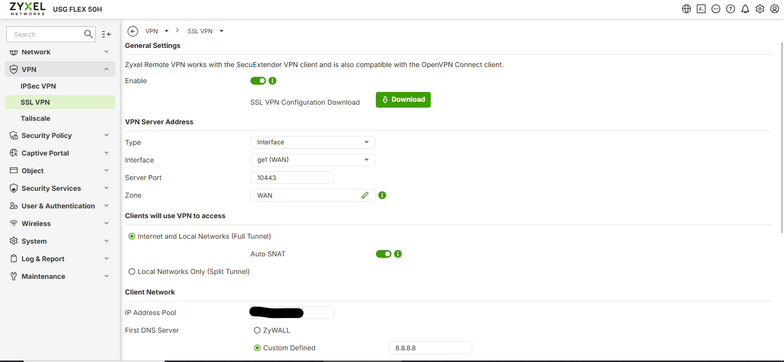 Page SSL VPN — Enable ON, Interface ge1 (WAN), Port 10443, Full Tunnel + Auto SNAT