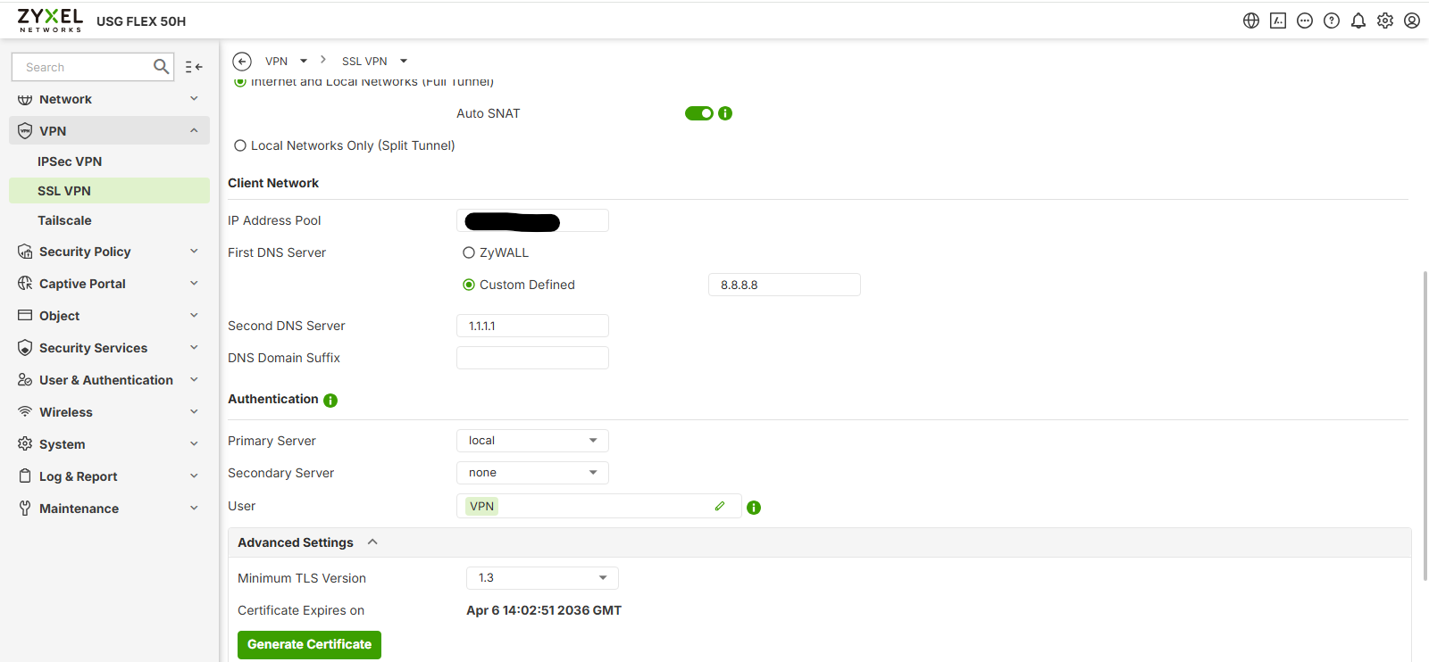 Bas de la page SSL VPN — Pool d'IP, DNS 8.8.8.8 / 1.1.1.1, Auth local, User VPN, TLS 1.3